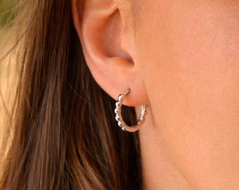 Sterling Silver Beaded Hoop Earrings – Dainty Huggie Hoops Gift for Her