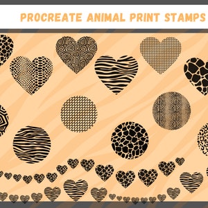 Op de afbeelding: Een set Procreate-stempels met dierenprints met verschillende patronen, waaronder zebra, luipaard, giraffe en slang. De stempels zijn in de vorm van harten en cirkels en zijn perfect om een ​​toets van dierenprint aan je digitale kunst toe te voegen.