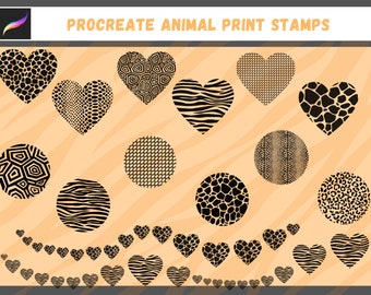 May include: A set of Procreate animal print stamps featuring various patterns, including zebra, leopard, giraffe, and snake. The stamps are in the shape of hearts and circles, and are perfect for adding a touch of animal print to your digital art.