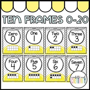 May include: A set of ten frames with lemon illustrations, featuring numbers 0-7. Each frame has a circle with a number and a ten frame with black dots to represent the number.