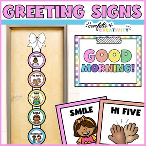 May include: A set of colourful greeting signs for a classroom door. The signs feature different ways to greet someone, such as a high five, a dab, a smile, and a handshake. The signs are decorated with a rainbow pattern and a white bow.