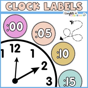 May include: A set of colorful clock labels with numbers 00, 05, 10, and 15. The labels are designed to be used with a clock face, which is also included in the image. The clock face shows the hands pointing to the 12 and 2.