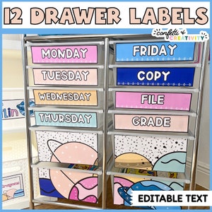 Space 12 Drawer Rolling Cart Labels | Teacher Trolley Labels | Teacher Labels | Space Classroom Decor