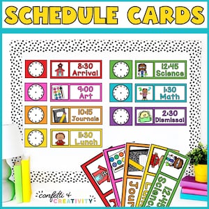 Tarjetas de horario diario brillantes, Horario de clase editable, Escuela primaria, Tarjetas de horario de maestros, Tarjetas de horario imprimibles