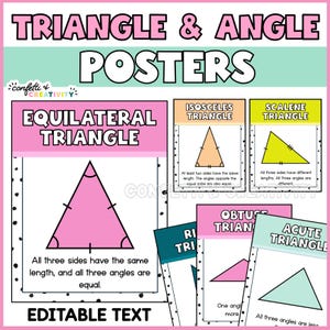 May include: A set of colorful educational posters about triangles and angles. The posters include the terms "Equilateral Triangle", "Isosceles Triangle", "Scalene Triangle", "Obtuse Triangle", "Acute Triangle", and "Right Triangle". The posters are in pink, orange, yellow, teal, and light blue.