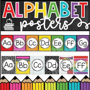 Cartazes brilhantes do alfabeto para a sala de aula | Decoração de sala de aula | Sala de aula colorida | Exibição do alfabeto | Sala de aula do jardim de infância