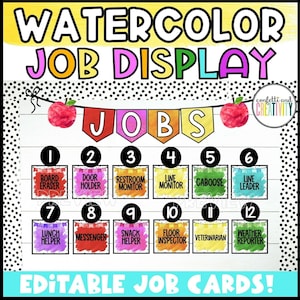 Watercolor Classroom Jobs Display | Editable Classroom Jobs | Classroom Job Chart | Colorful Classroom Decor | Classroom Organization