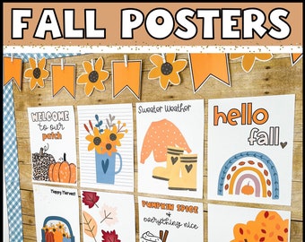 May include: A set of eight fall-themed posters with illustrations and text. The posters feature images of pumpkins, leaves, a sweater, boots, a rainbow, a coffee cup, a tree, and a truck. The text on the posters includes "Welcome to our patch", "Sweater Weather", "Hello Fall", "Happy Harvest", "Pumpkin Spice & everything nice", and "Cozy Fall Vibes".