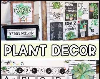 May include: Classroom decor featuring a plant theme.  The decor includes a table number sign, a name tag, a number line, alphabet posters, and motivational posters with plant illustrations.  The posters have phrases like "Grow Positive Thoughts", "Love Grows Here", "Progress Over Perfection", and "Be Kind".