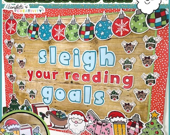 May include: A Christmas-themed bulletin board kit with the words "sleigh your reading goals" in red and blue letters. The kit includes ornaments, reindeer, and a Santa Claus. The text "3 phrases included" is at the bottom of the image.