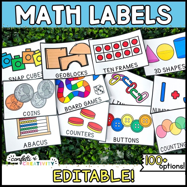 Bright Math Manipulative Labels | Math Center Labels | Math Manipulative Bin Labels | Editable Math Bin Labels | Bright Classroom Decor