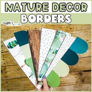 May include: A set of six nature-themed decorative borders featuring various patterns, including wood grain, green leaves, white polka dots, and white plus signs. The borders are in shades of green, brown, and white.