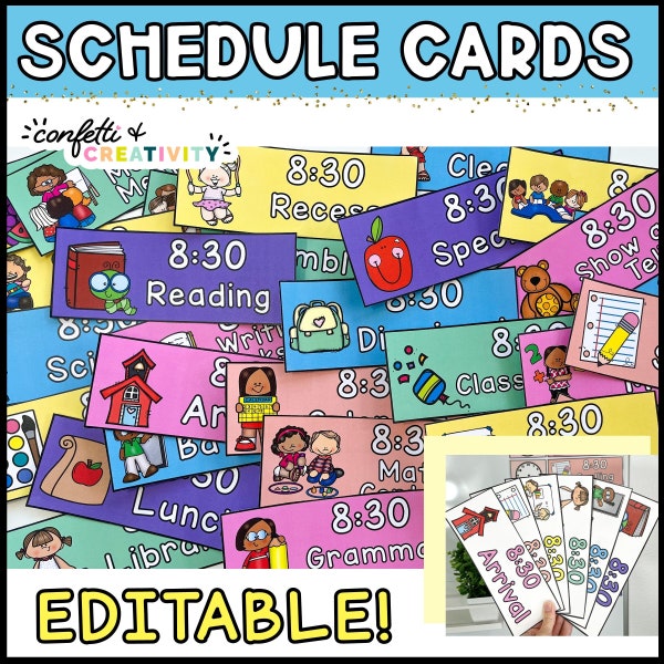 Bright Daily Schedule Cards | Editable Classroom Schedule | Elementary School | Teacher Schedule Cards | Printable Schedule Cards