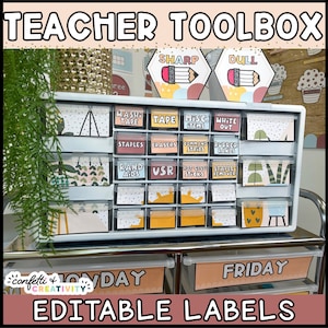 Neutral Teacher Toolbox Editable Labels | Neutral Classroom Decor | Teacher Organization | Classroom Labels | Teacher Toolbox Label