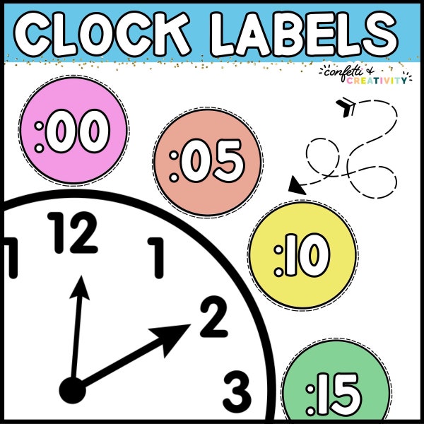 Bright Classroom Clock Labels | 5 Minute Interval Clock Labels | Clock Number Labels | Bright Classroom Decor