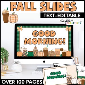 Puede incluir: Un monitor de computadora muestra una presentación con temática otoñal con las palabras "FALL SLIDES" y "GOOD MORNING!" en naranja. El diseño incluye calabazas, tazas de café y el texto "TEXT-EDITABLE" y "OVER 100 PAGES".