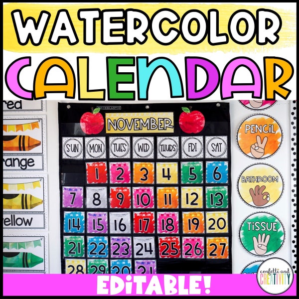 Watercolor Classroom Calendar Pack | Pocket Chart Calendar Cards | Flip Classroom Calendar | Classroom Decor | Classroom Calendar Display