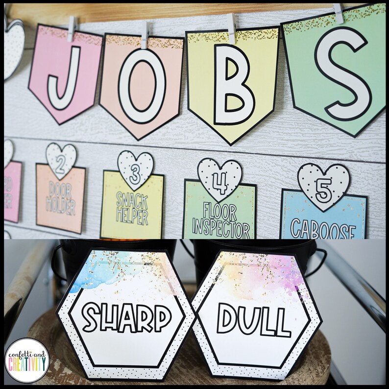 May include: A classroom jobs chart with a colourful banner that says "JOBS" and five heart-shaped cards with numbers and job titles. The job titles are "Door Holder", "Snack Helper", "Floor Inspector", and "Caboose". There are two hexagonal cards with the words "Sharp" and "Dull" on them.