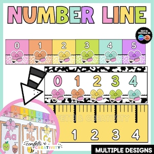 Peut inclure: Une ressource éducative numérique de ligne numérique présentant des segments rectangulaires colorés étiquetés de 0 à 5, décorés d'illustrations de crayons et de nœuds. Inclut une ligne numérique à motif vache, une règle jaune et des cartes alphabétiques.