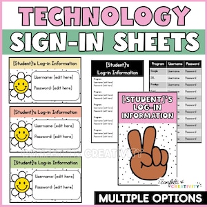 Könnte beinhalten: Rosa und grüne Technologie-Anmeldeformulare mit dem Text "TECHNOLOGY SIGN-IN SHEETS". Die Formulare enthalten Abschnitte für Schüler-Login-Informationen, Benutzernamen und Passwörter. Mehrere Optionen sind verfügbar, mit einer Peace-Zeichen-Grafik.