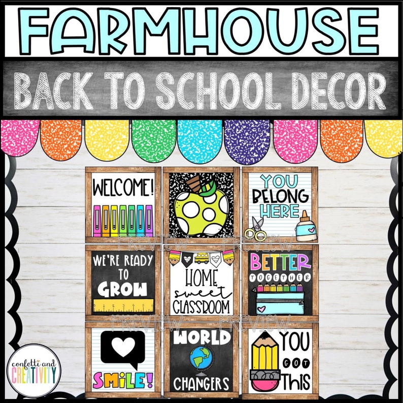 May include: Nine farmhouse-style classroom decor signs with black chalkboard backgrounds and wood frames. The signs feature phrases like "Welcome!" "We're Ready to Grow" "Home Sweet Classroom" "You Belong Here" "Better Together" "World Changers" "Smile!" and "You Got This".