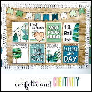 May include: A classroom noticeboard with a woodgrain background and a green and blue woodland theme. The board is decorated with a string of green and blue pennants and features eight motivational posters with text such as "Love one another", "Make today count", "You got this", "Adventure awaits", "Our happy place", "Better together", and "Explore the day".