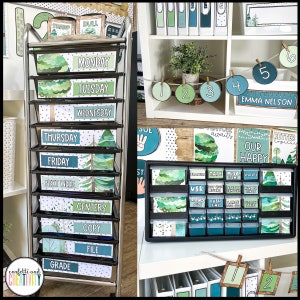 May include: A classroom organisation cart with green and blue labels for different school supplies. The labels feature a woodland theme with trees and leaves. The cart has a metal frame and multiple drawers. The labels include "Monday", "Tuesday", "Wednesday", "Thursday", "Friday", "Next Week", "Centers", "Copy", "File", and "Grade".