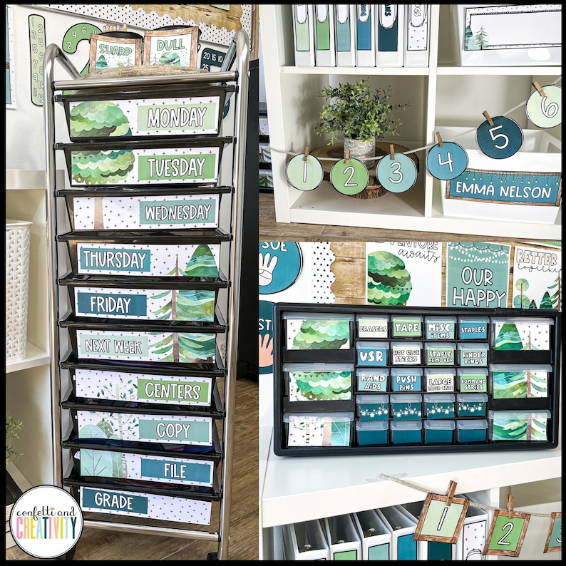 May include: A classroom organisation cart with green and blue labels for different school supplies. The labels feature a woodland theme with trees and leaves. The cart has a metal frame and multiple drawers. The labels include "Monday", "Tuesday", "Wednesday", "Thursday", "Friday", "Next Week", "Centers", "Copy", "File", and "Grade".