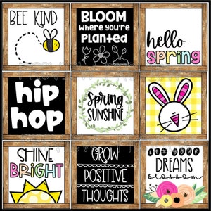 Op de afbeelding: Negen printbare borden met lentethema's. De borden hebben een houtnerf achtergrond en bevatten zwart-witte tekst met kleurrijke accenten. De berichten zijn: "Bee Kind", "Bloom Where You're Planted", "Hello Spring", "Hip Hop", "Spring Sunshine", "Shine Bright", "Grow Positive Thoughts", en "Let Your Dreams Blossom".