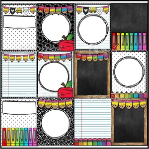 May include: A set of printable classroom decor featuring a chalkboard, lined paper, polka dot paper, and a pencil border. The design includes a school bus, pencils, apples, and a heart.