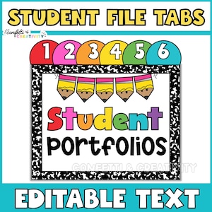 Puede incluir: Imagen de pestañas de archivos para estudiantes con los números 1-6. La imagen presenta el texto "Student File Tabs", "Student Portfolios" y "Editable Text". El diseño incluye ilustraciones de lápices y un borde de confeti.