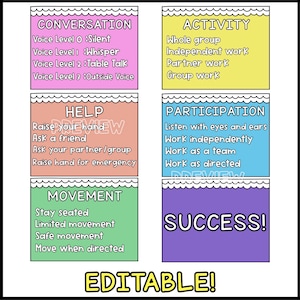 May include: A set of colourful classroom posters with headings for Conversation, Help, Movement, Activity, Participation, and Success. Each poster has a list of guidelines for students to follow in the classroom.