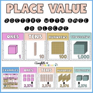 May include: Educational posters for place value, with the text "PLACE VALUE" and "POSTERS WITH BASE 10 BLOCKS." The posters illustrate ones, tens, hundreds, and thousands with base ten blocks. Examples are also shown.