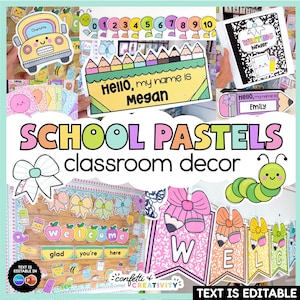 Könnte beinhalten: Eine Sammlung von pastellfarbenen Klassenzimmerdekorationen. Enthält ein gelbes Auto, Namensschilder, einen Schreibordner, eine Raupe und Willkommensbanner. Der Text "SCHOOL PASTELS classroom decor" ist deutlich sichtbar.