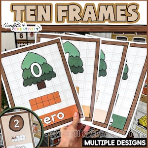 May include: A set of educational Ten Frames cards with a wooden frame design. Each card features a tree graphic with a number, a ten-frame grid, and the word "zero". The cards are held in a hand, with the text "Multiple Designs" visible.