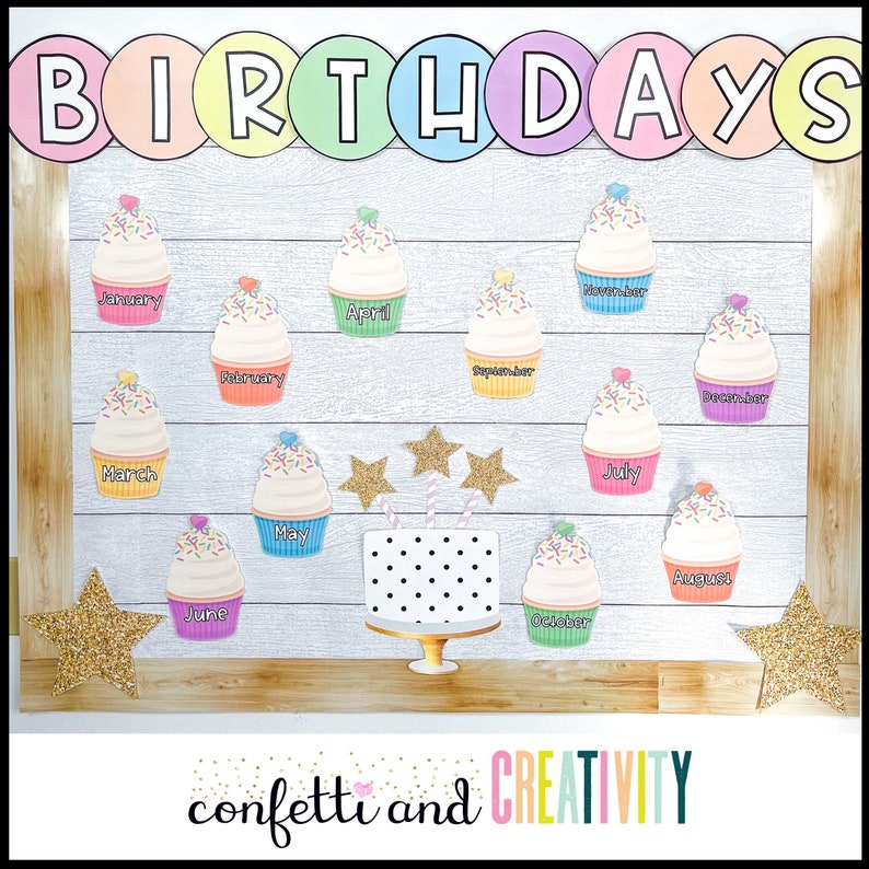 May include: A classroom birthday chart with a colourful banner that says "BIRTHDAYS".  The chart features cupcake-shaped cutouts for each month of the year, with the month name written on each cupcake.  A large black and white polka dot cake is in the centre of the chart.
