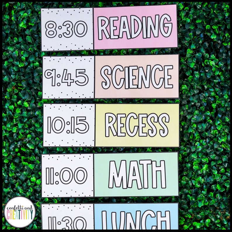 Peut inclure: Un horaire de classe color&eacute; avec des heures et des mati&egrave;res. L'horaire comprend 8h30 Lecture, 9h45 Sciences, 10h15 R&eacute;cr&eacute;ation, 11h00 Math&eacute;matiques et 11h30 D&eacute;jeuner.