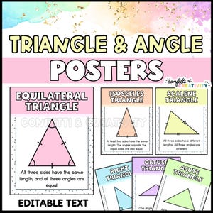 Peut inclure: Affiche éducative "Triangle & Angle Posters" présentant des exemples de triangles équilatéraux, isocèles et scalènes. Chaque affiche a un design coloré avec du texte décrivant les propriétés du triangle. Conçu pour un usage éducatif.