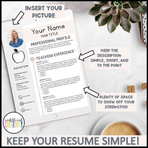 May include: A digital tablet displaying a teacher resume template with a light brown background. The template includes sections for education, teaching experience, and professional profile. The text "Keep your resume simple!" is at the bottom of the screen.