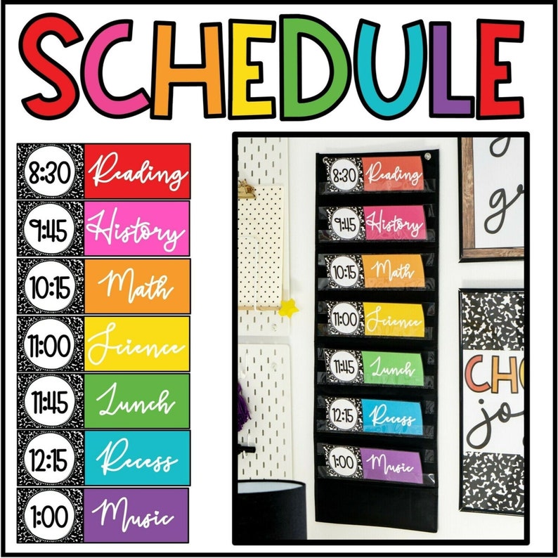 May include: A black classroom schedule board with colorful pockets and labels. The labels include times and subjects such as 8:30 Reading, 9:45 History, 10:15 Math, 11:00 Science, 11:45 Lunch, 12:15 Recess, and 1:00 Music.