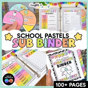 May include: A school substitute binder with pastel-colored pages, featuring a cover labeled Mrs. Nelson's Substitute Binder 2026-2027, contact information sheets, a school map, a daily schedule, and colorful tabbed dividers for classroom organization.