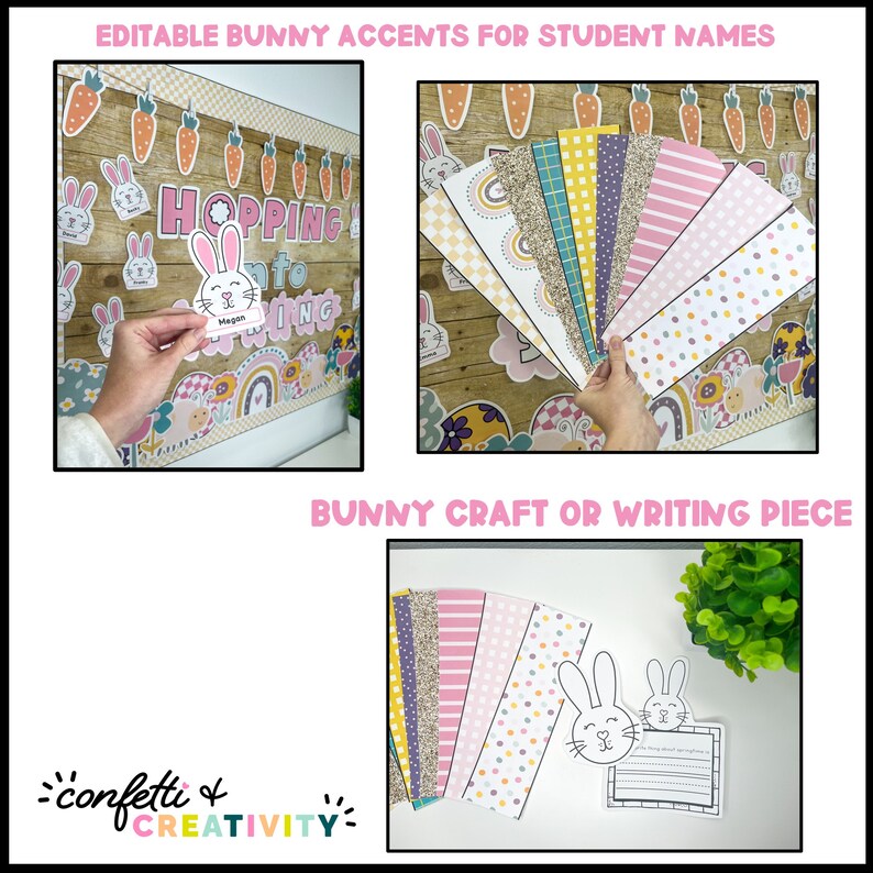 Pu&ograve; includere: Accenti di coniglio modificabili per i nomi degli studenti. Gli accenti sono rosa e bianchi con un viso di coniglio e uno spazio per un nome. Gli accenti sono visualizzati su una bacheca con uno striscione che dice "Hopping into Spring".
