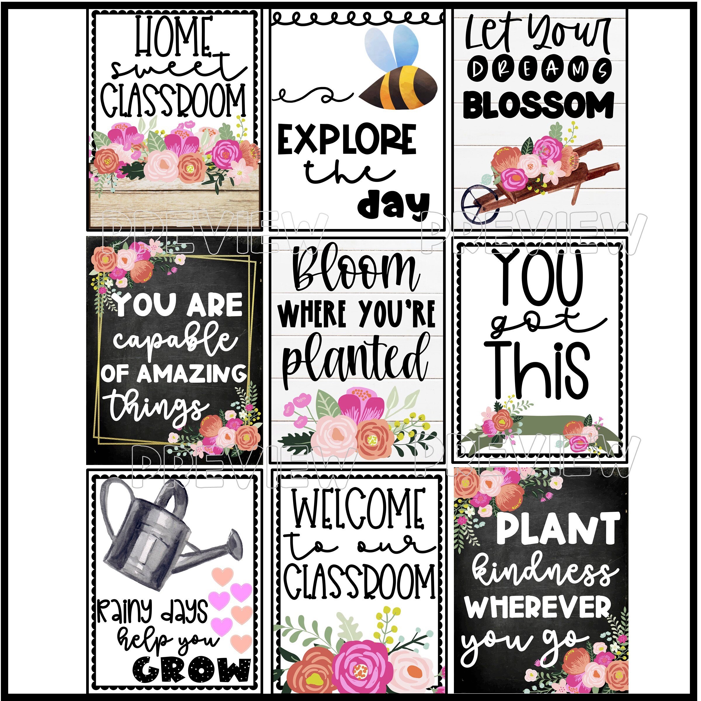 Floral Farmhouse Classroom Quote Posters: Elementary Growth Mindset ...