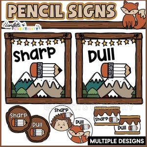 May include: A collection of "Pencil Signs" with multiple designs. The signs feature the words "sharp" and "dull" with pencil illustrations. Additional designs include a hedgehog and fox with pencil graphics. The signs are in a wooden frame with a mountain and forest background.