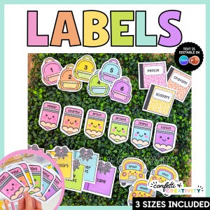 May include: A collection of colorful printable labels featuring illustrations of backpacks, pencils with faces, school buses, and notebooks. The text includes labels for pencils, crayons, scissors, and names. The word LABELS is at the top.