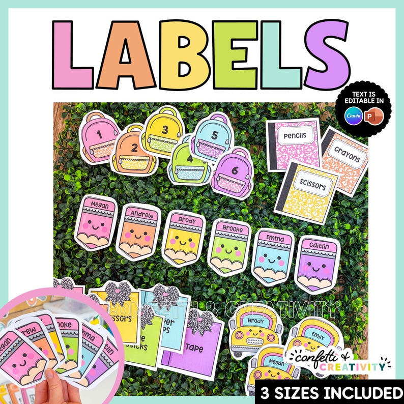 May include: A collection of colorful printable labels featuring illustrations of backpacks, pencils with faces, school buses, and notebooks. The text includes labels for pencils, crayons, scissors, and names. The word LABELS is at the top.