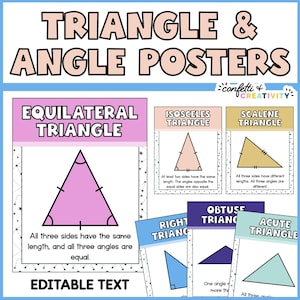 May include: Educational posters titled "Triangle & Angle Posters" with examples of different triangles: equilateral, isosceles, scalene, right, obtuse, and acute. Each poster features a colorful triangle illustration and a description of its properties.