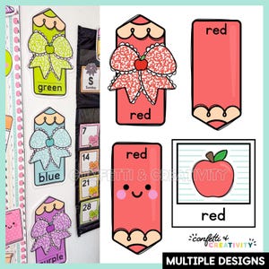 May include: A set of educational classroom decorations featuring cartoon pencils and apples. The designs include a green pencil with a bow, a red pencil with a bow, a red pencil with a face, and a square card with a red apple. Text includes color names.