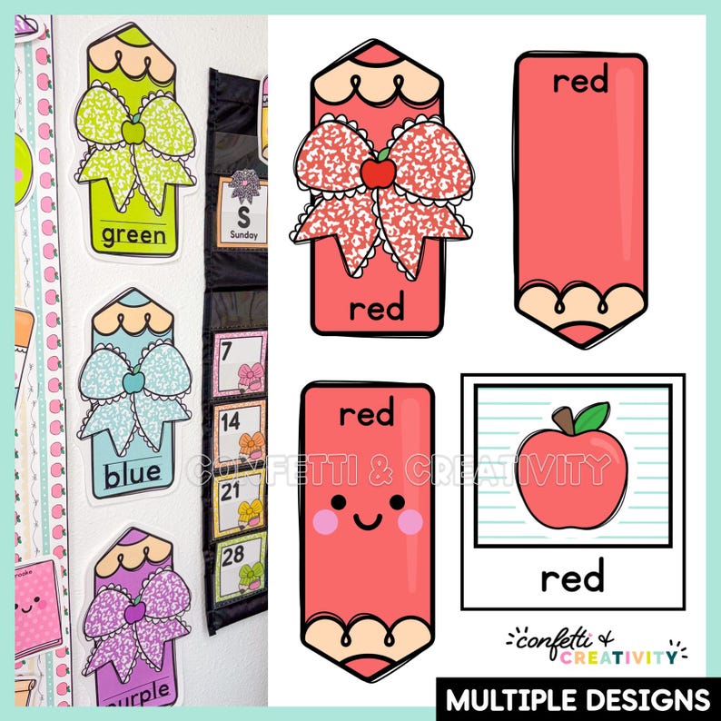 May include: A set of educational classroom decorations featuring cartoon pencils and apples. The designs include a green pencil with a bow, a red pencil with a bow, a red pencil with a face, and a square card with a red apple. Text includes color names.