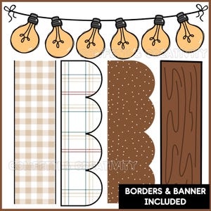 Op de afbeelding: Digitale grafische ontwerpelementen met lichtslingers, ruitjes, stippen en houtnerfpatronen. De afbeelding bevat de tekst "Borders & Banner Included" en "Confetti & Creativity".